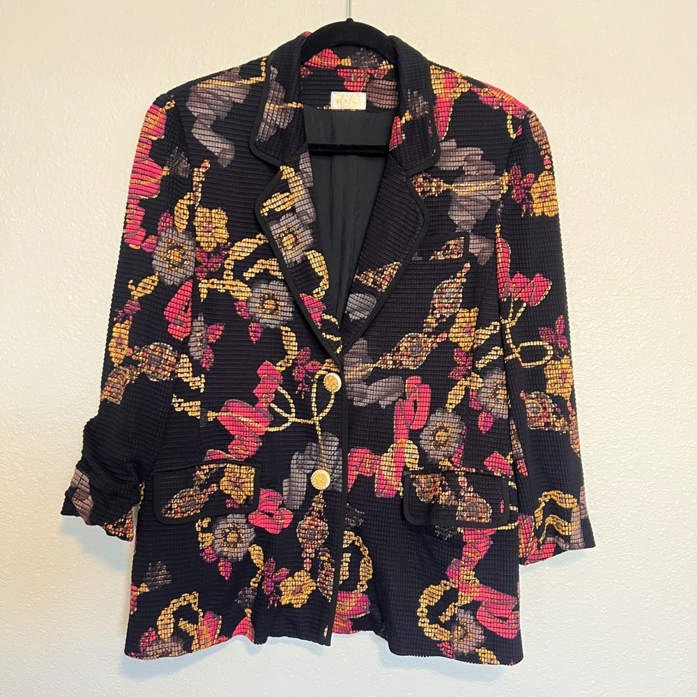 Vintage 80s 90s Scarf Print Blazer Fashion Dot Rhinestone Buttons Baroque Floral